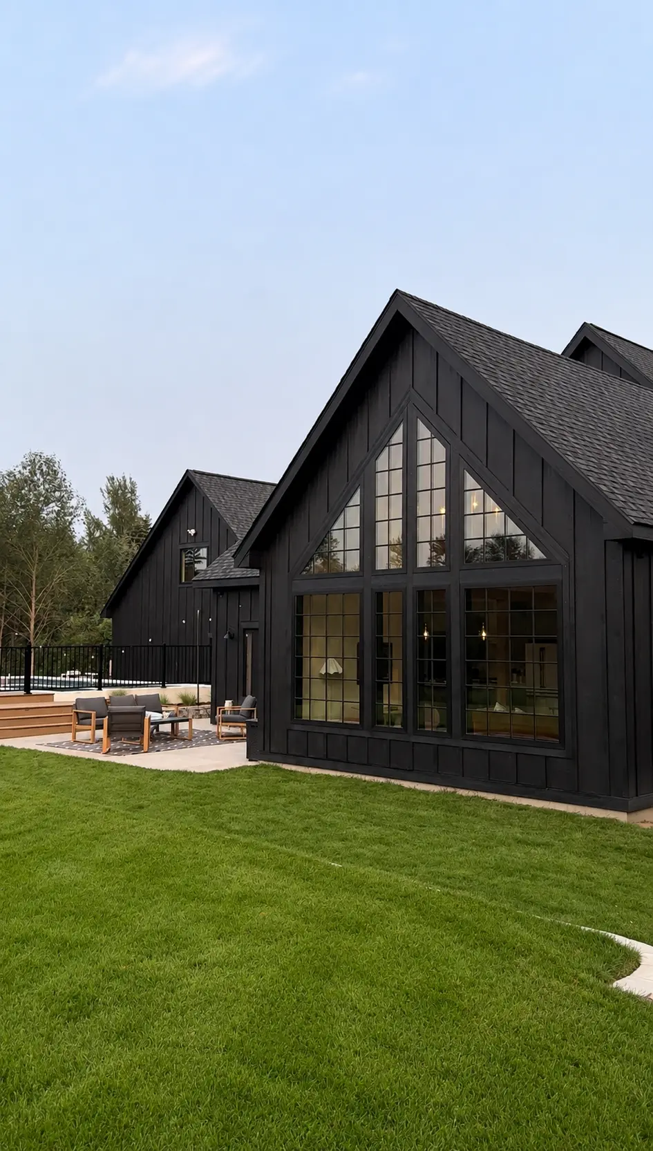 The tall windowed gable of the house above the deck